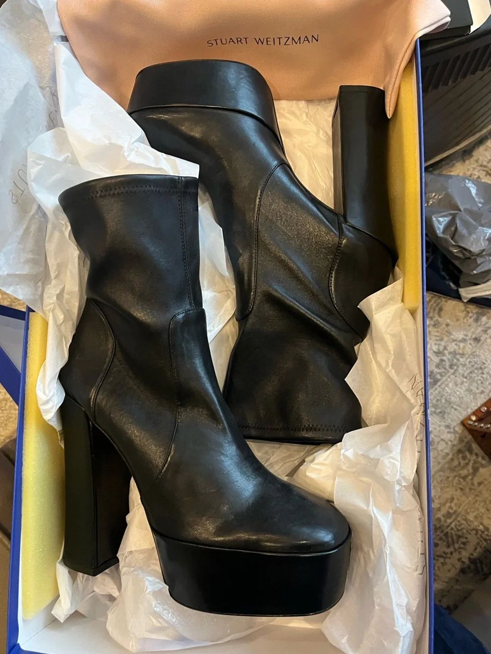 Stuart Weitzman Black Leather Platform Sock Boots